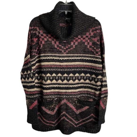 Lucky Brand Womens Cowlneck Sweater L Tunic Wool Blend Fairisle Boho Oversized - Picture 1 of 10